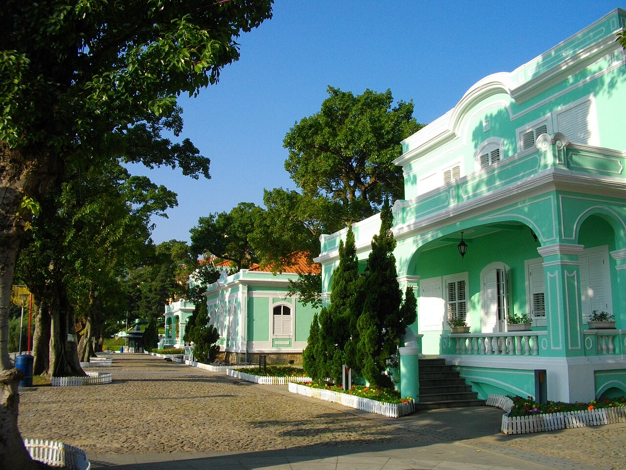 The Taipa Houses-Museum, five mint-green Portuguese homes by the lotus pond